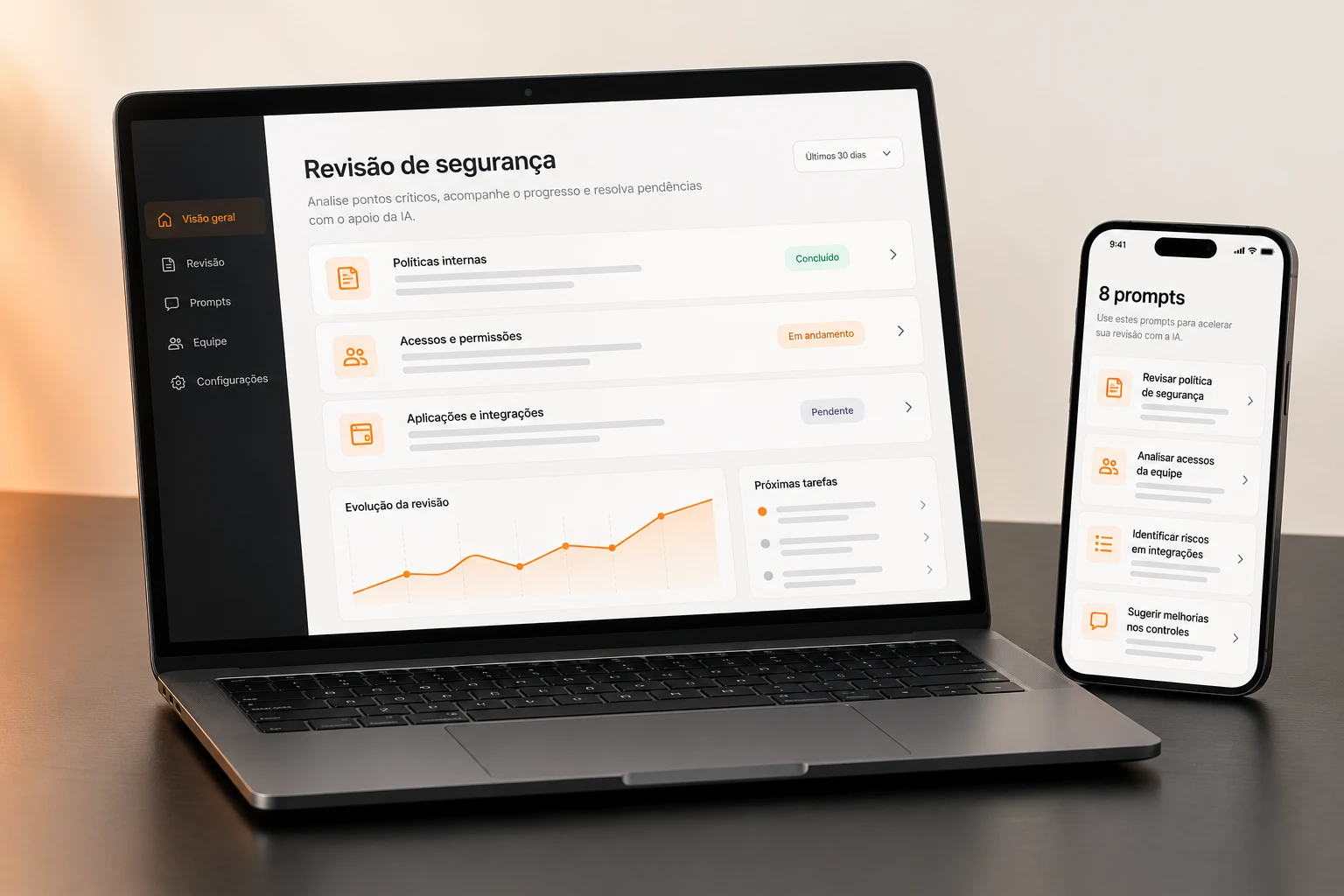 Computador e celular com exemplo de revisão de segurança